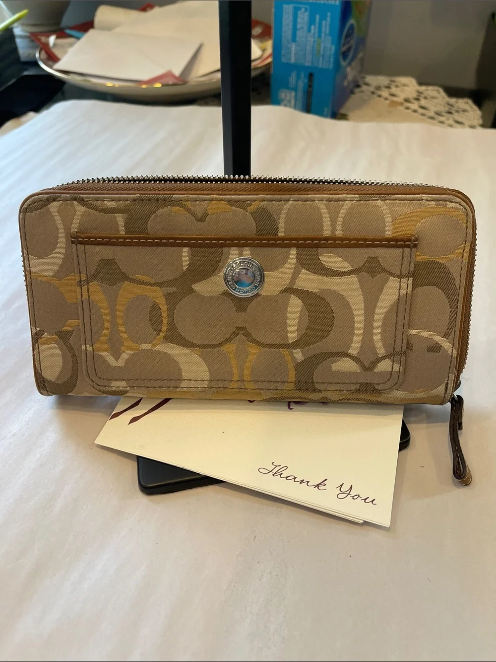 Coach Beige & Tan Signature Zip Wallet